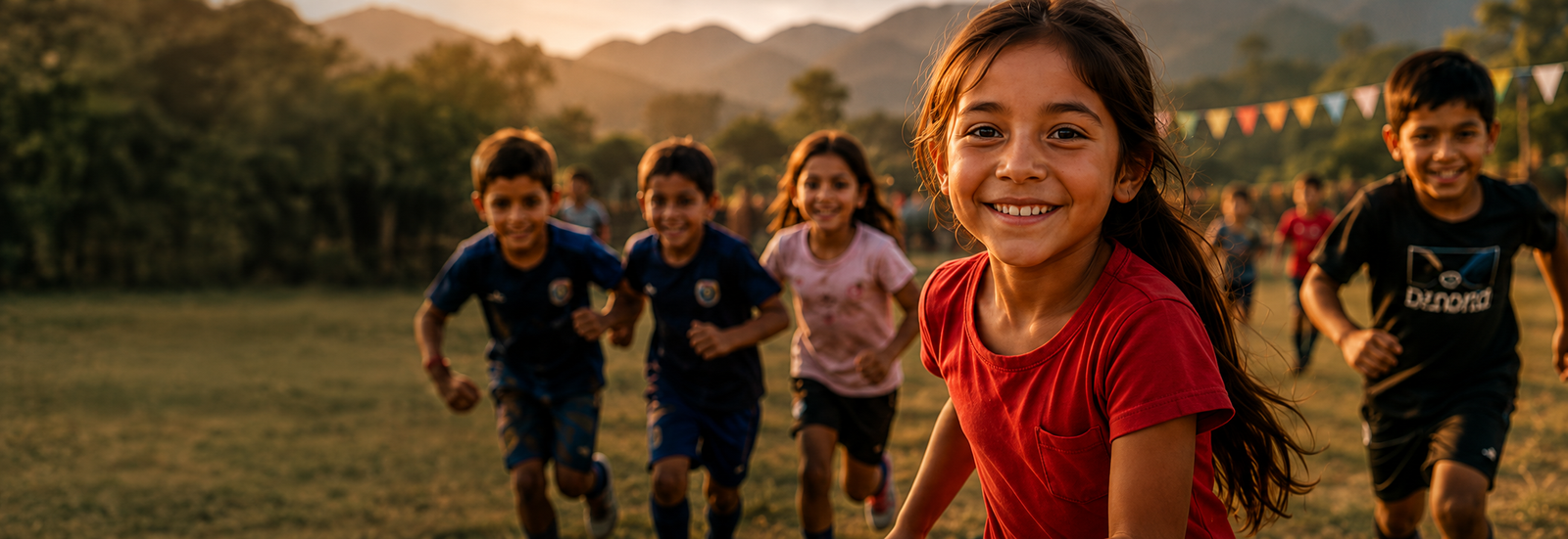 Children running together across a field at sunset