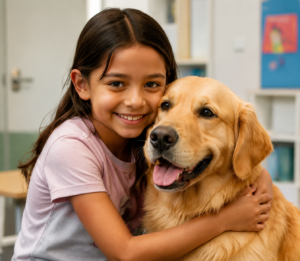 Girl hugging a golden retriever therapy dog