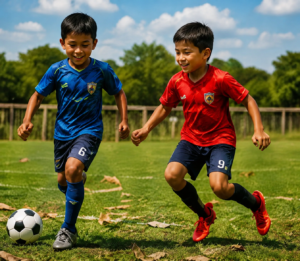 Two boys playing soccer on a grass field