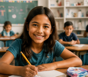 Student smiling at a classroom desk