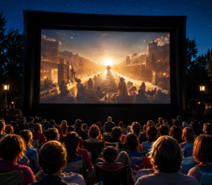 Crowd watching a film on a large outdoor screen