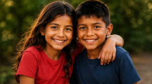 A girl and a boy smiling with their arms around each other